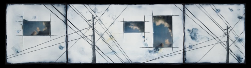 Sky Blue series, 40x10, encaustic/ image transfer on birch panel